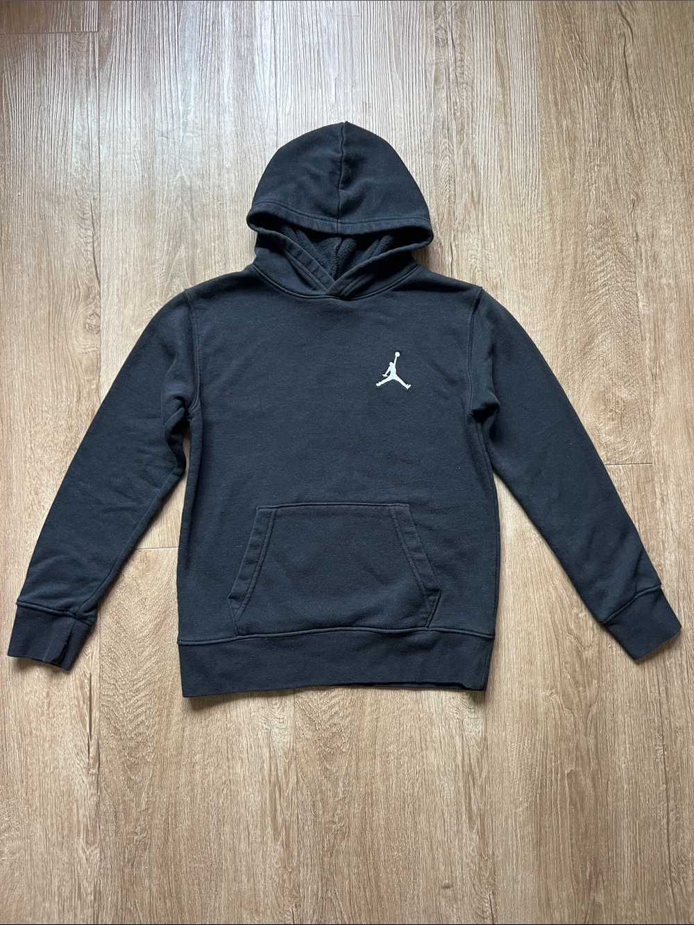 Jordan Kids Black Hooded Sweatshirt with White Logo & Kangaroo Pocket Size 10-12